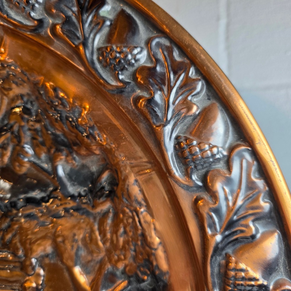 Vintage Embossed Copper Plate 'Settlers Scene' Log Cabin Oak Leaf Border 19.5" - Picture 7 of 11